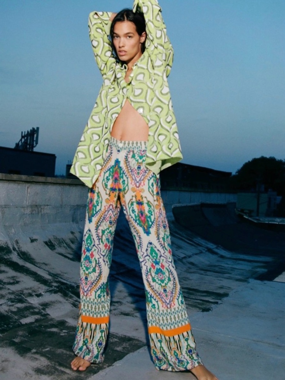 ZARA Wide Leg Palazzo Pants Paisley Floral Boho Flowy High Rise Hippie Sz L